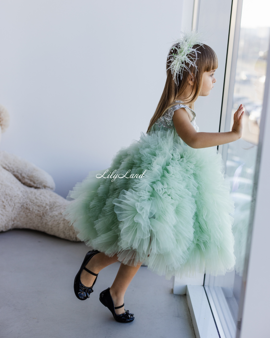 Lel Girl Ruffles Dress in Sage Green with Flower Lace
