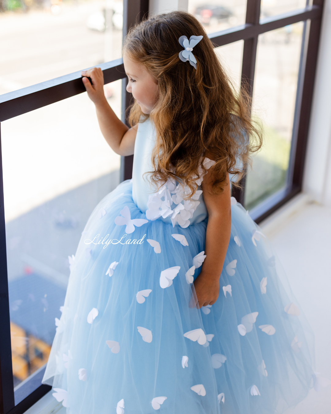 Fleur Girl Long Dress with Butterflies in Blue