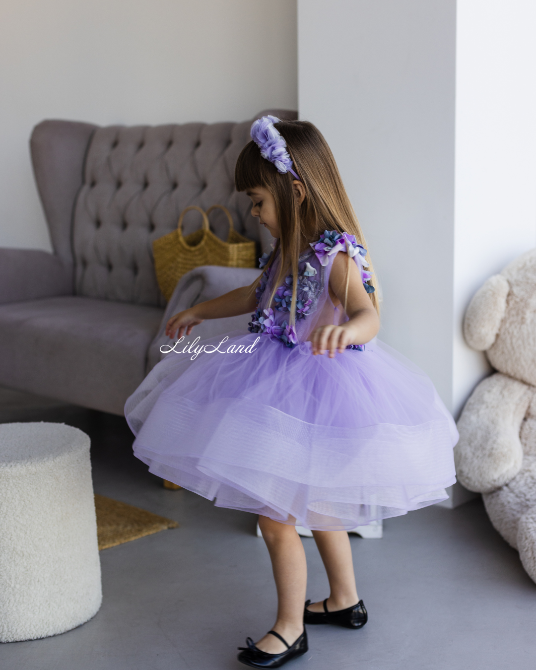 Hawaii Girls Dress with Purple Flower Lace in Lavender