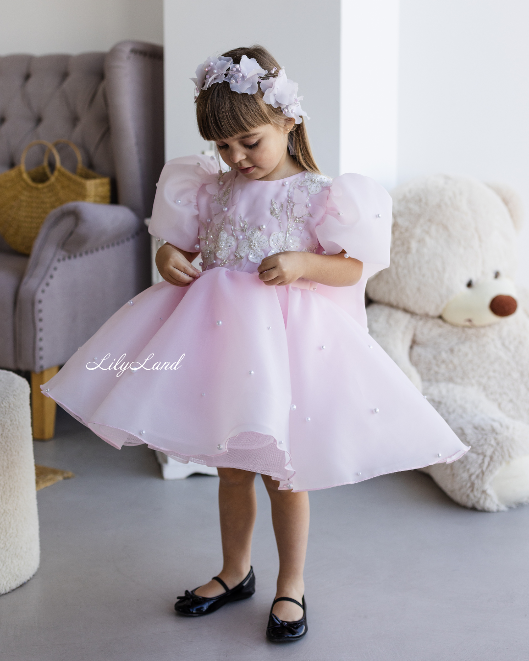Mia Baby Girl Dress with Floral Appliqué in Light Pink