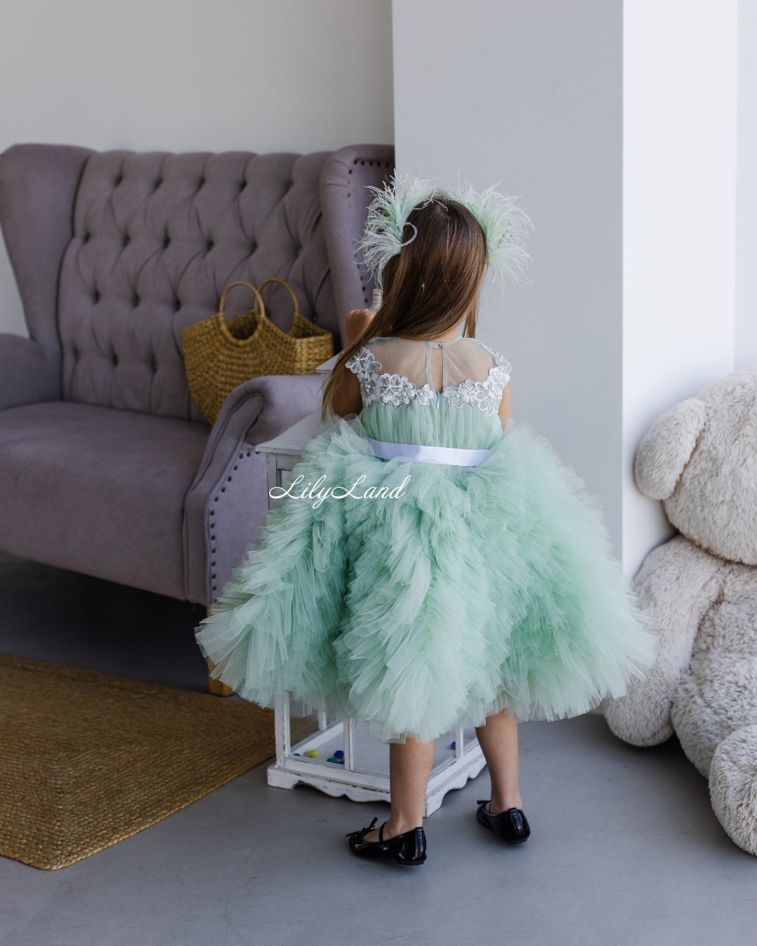 Lel Girl Ruffles Dress in Sage Green with Flower Lace