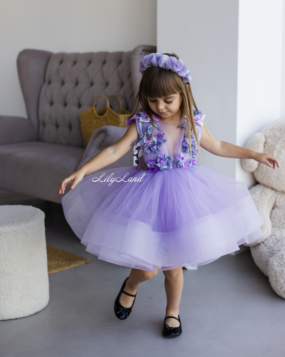 Hawaii Girls Dress with Purple Flower Lace in Lavender