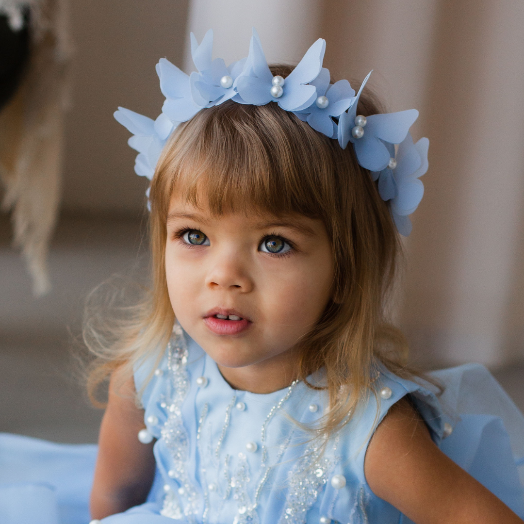 Girl Headband with Butterflies and Flowers in Blue