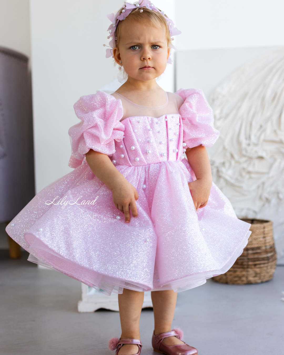 Kira Glitter Puffy Girl Dress in Light Pink