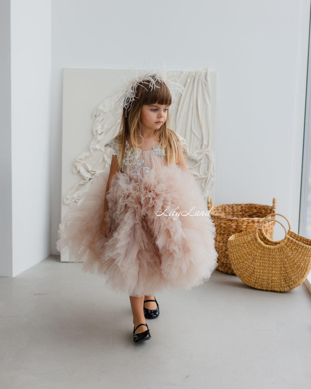 Lel Girl Ruffles Dress in Cappuccino with Flower Lace