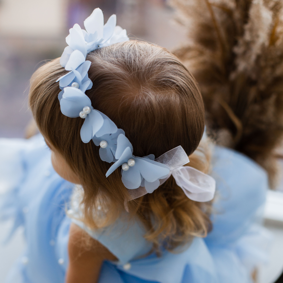 Girl Headband with Butterflies and Flowers in Blue