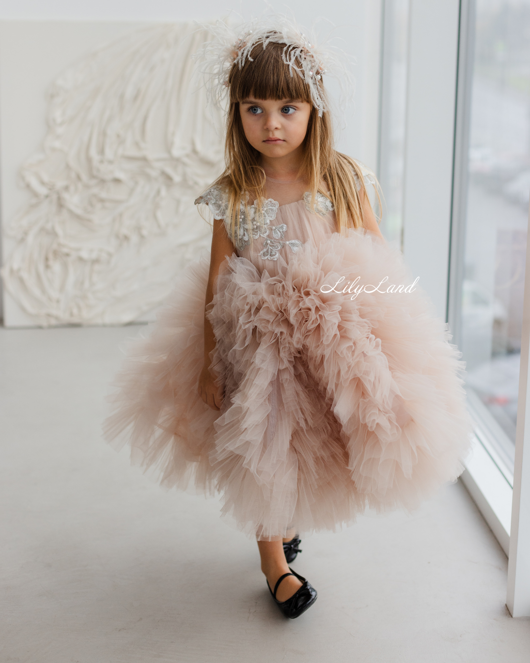 Lel Girl Ruffles Dress in Cappuccino with Flower Lace