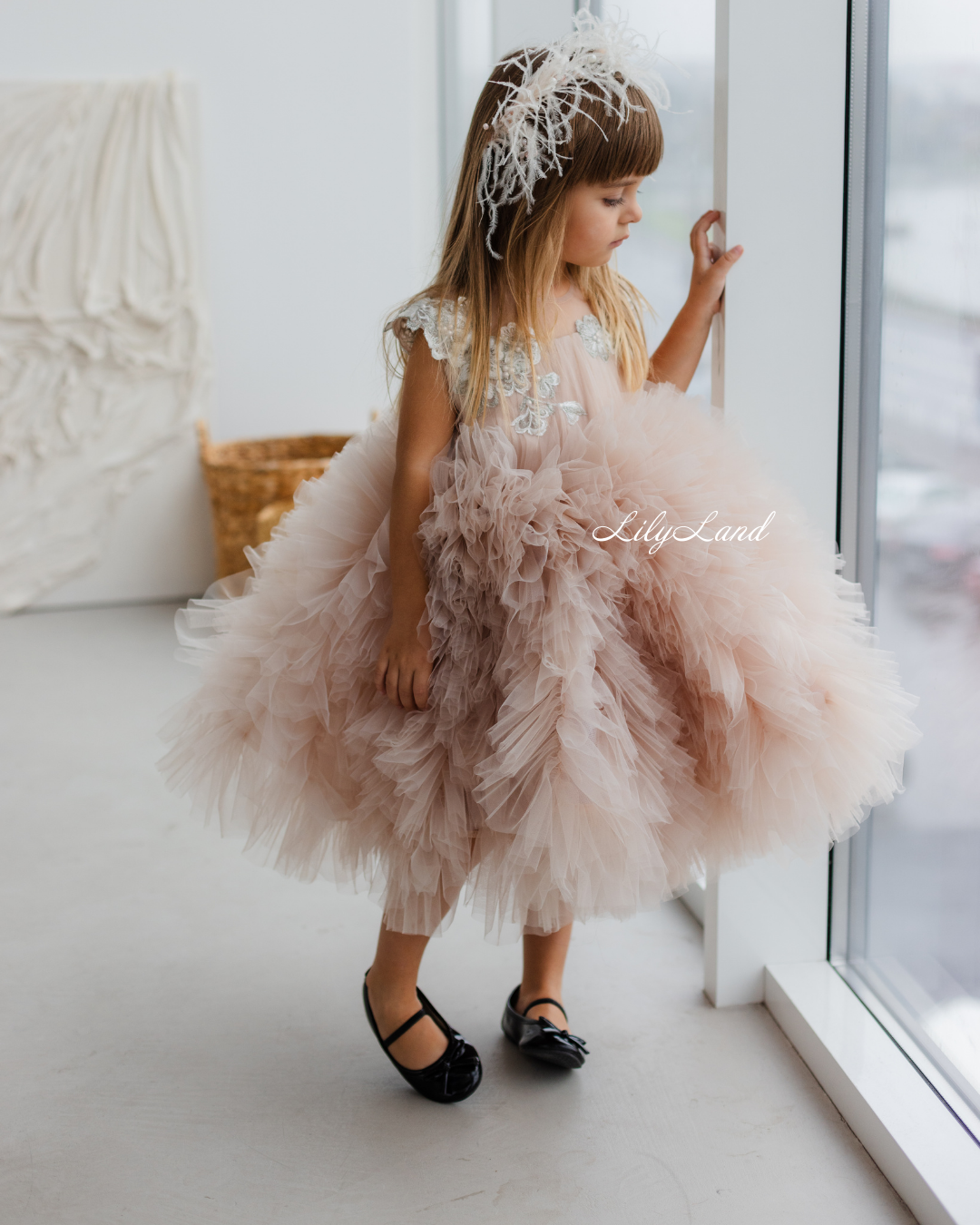 Lel Girl Ruffles Dress in Cappuccino with Flower Lace