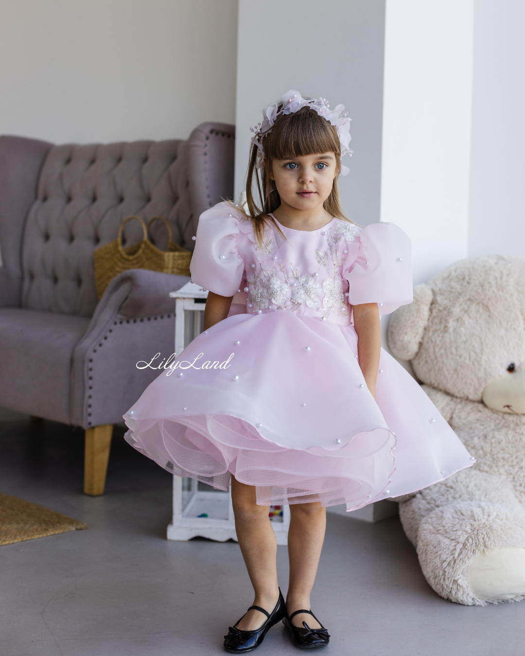 Mia Baby Girl Dress with Floral Appliqué in Light Pink