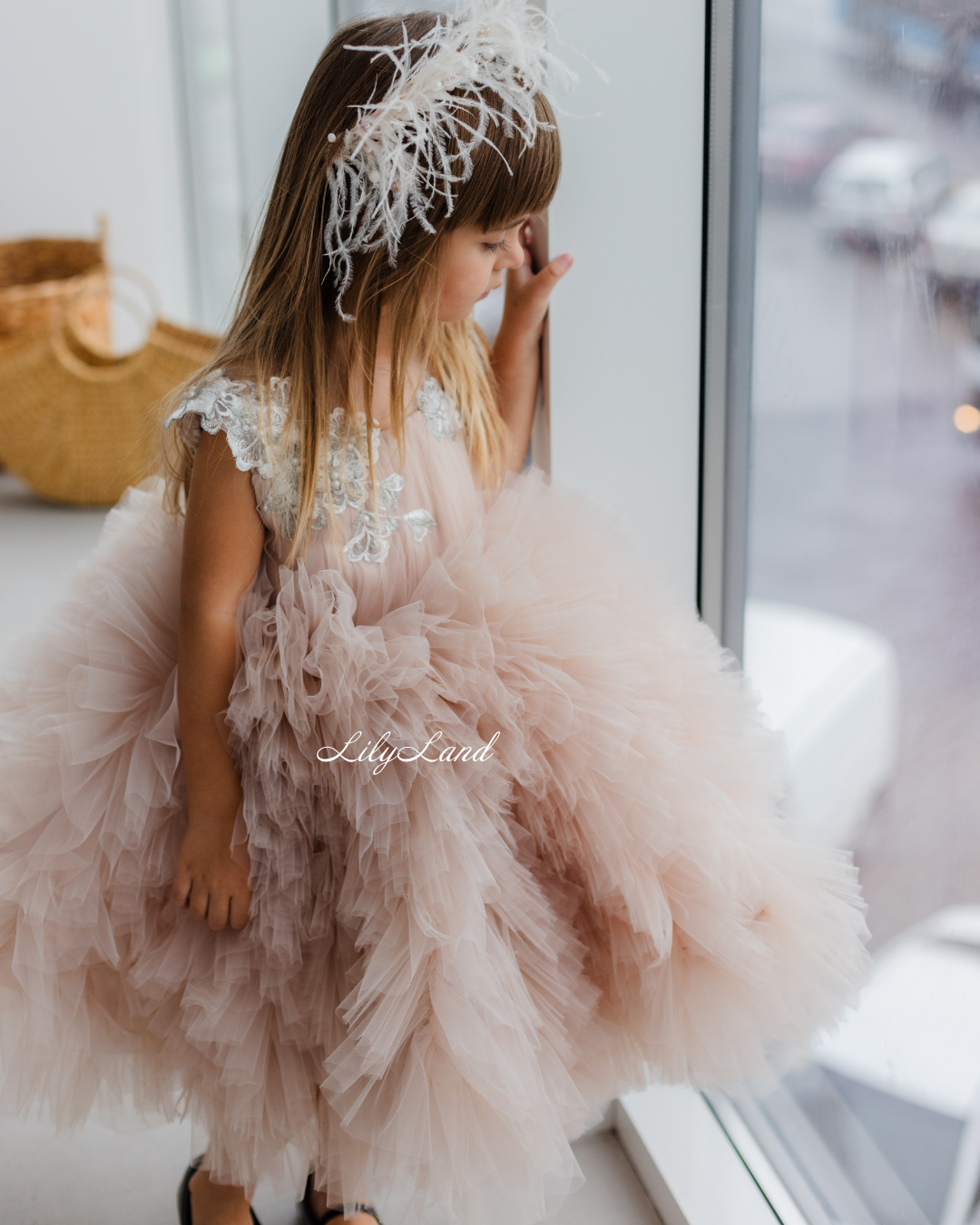 Lel Girl Ruffles Dress in Cappuccino with Flower Lace