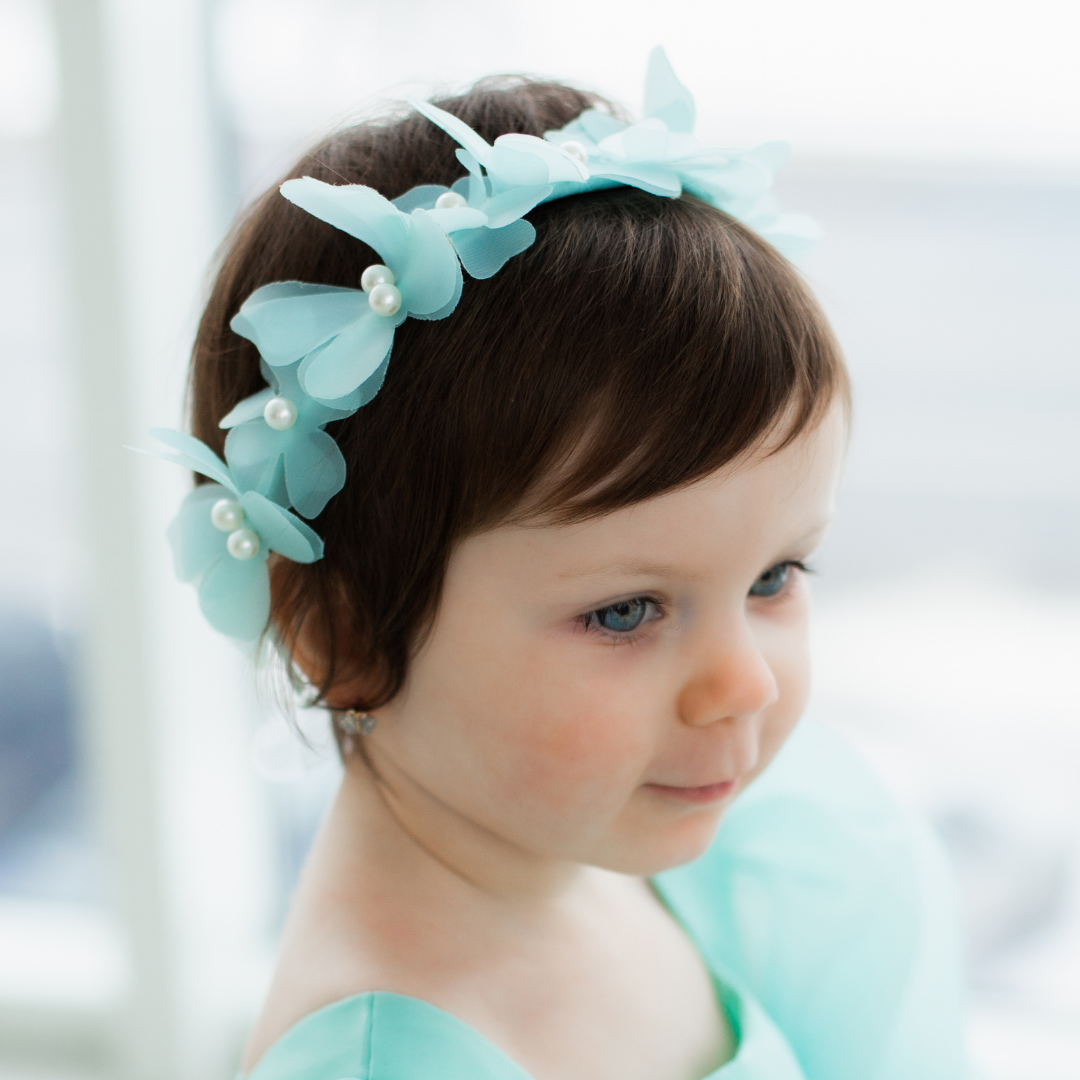 Girl Headband with Butterflies and Flowers in Blue