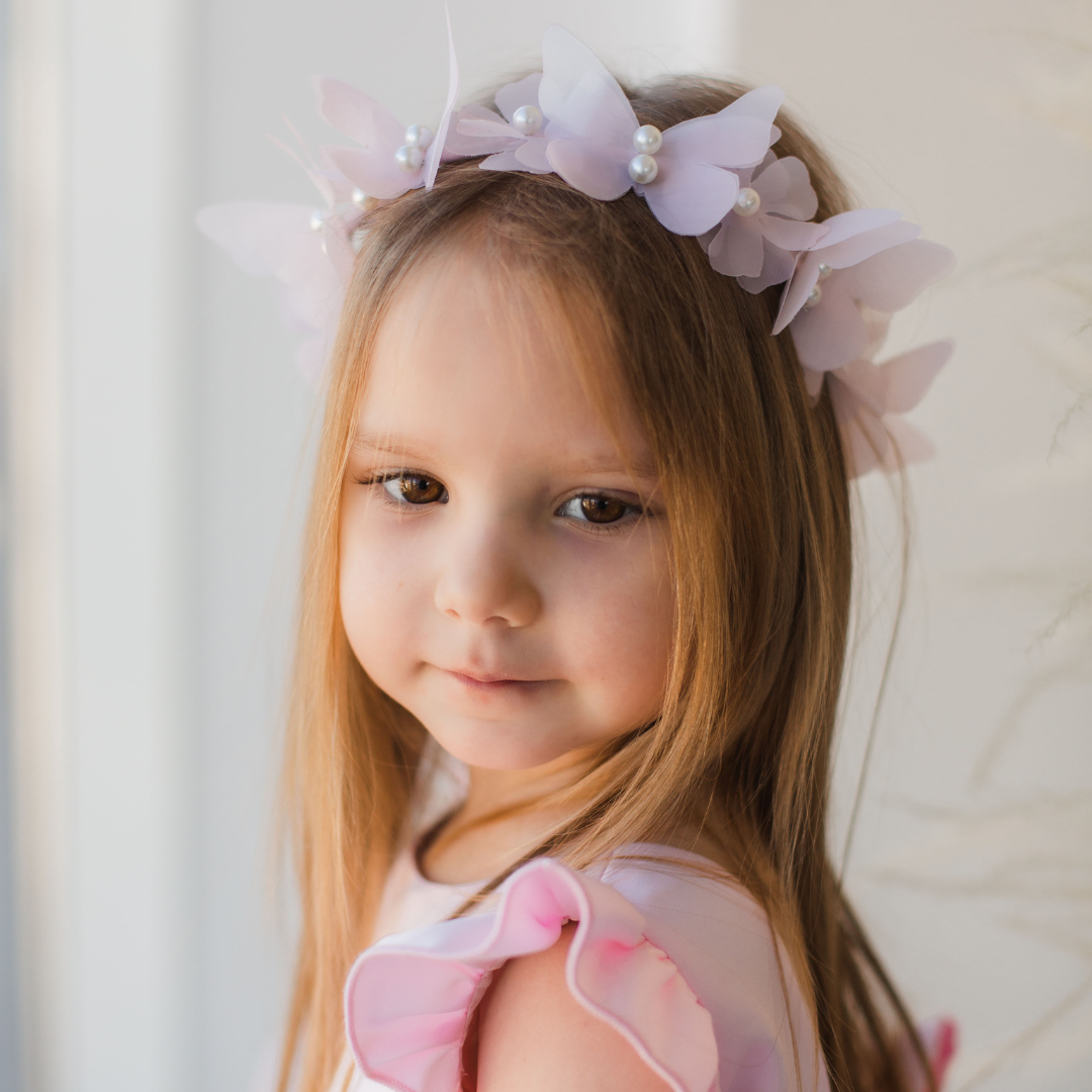 Girl Headband with Butterflies and Flowers in Blush Pink