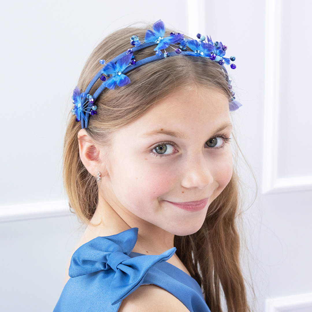 Girl Headband with Butterflies and Beads in Blue
