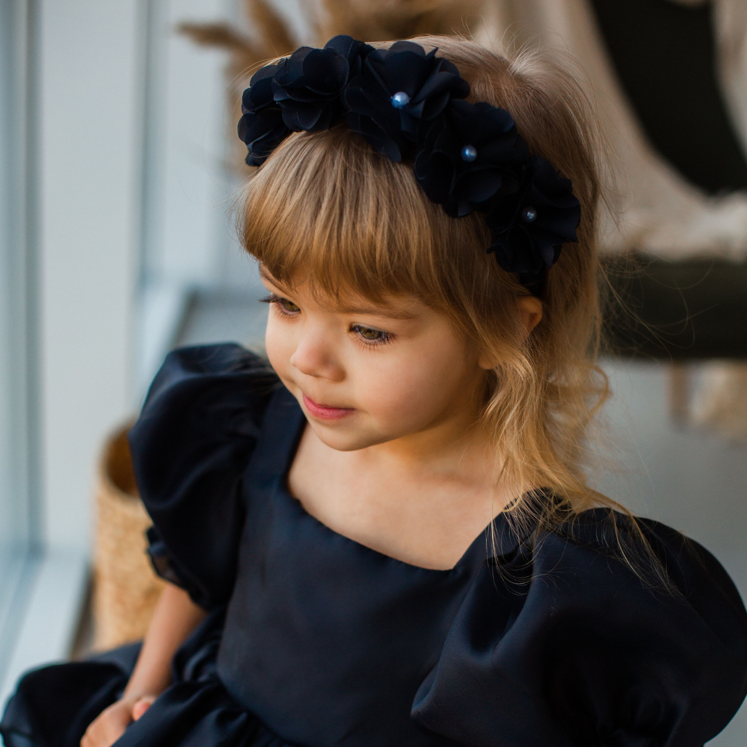 Girls Hair Accessories Headband in Black with Flowers and Beads