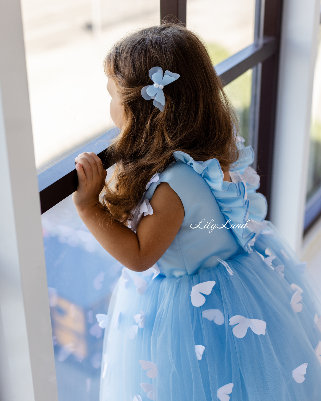 Fleur Girl Long Dress with Butterflies in Blue
