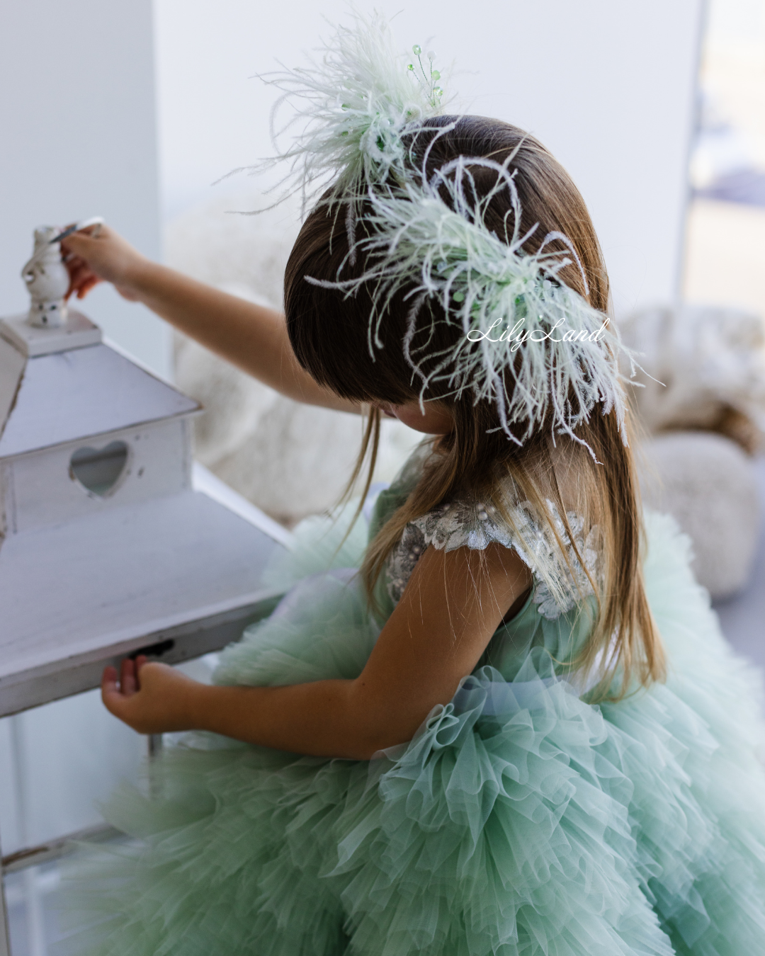 Lel Girl Ruffles Dress in Sage Green with Flower Lace