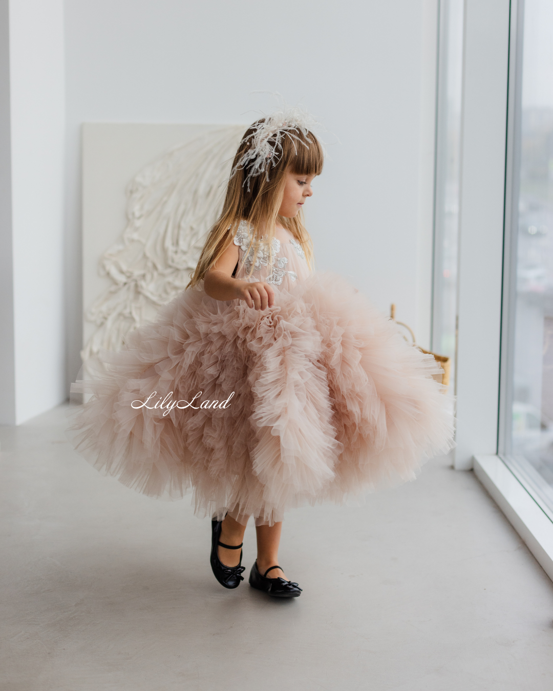 Lel Girl Ruffles Dress in Cappuccino with Flower Lace