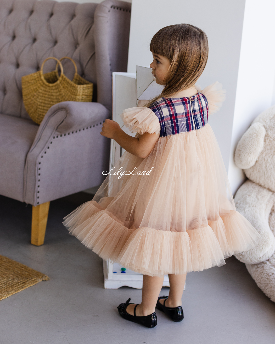 Belle New Year Christmas Tartan Girl Dress in Dark Beige