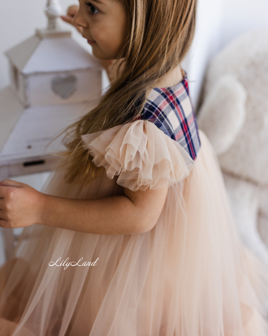 Belle New Year Christmas Tartan Girl Dress in Dark Beige