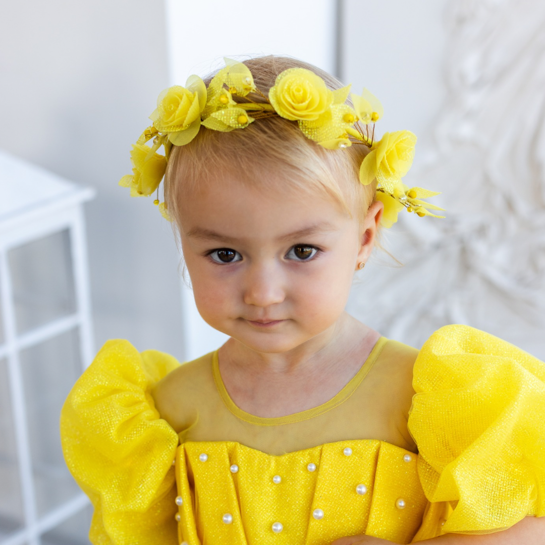Girl Hair Accessories with Roses and Glitter Leaves in Yellow
