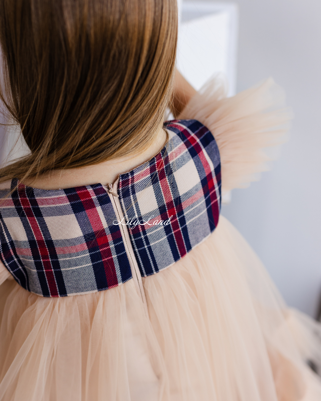 Belle New Year Christmas Tartan Girl Dress in Dark Beige