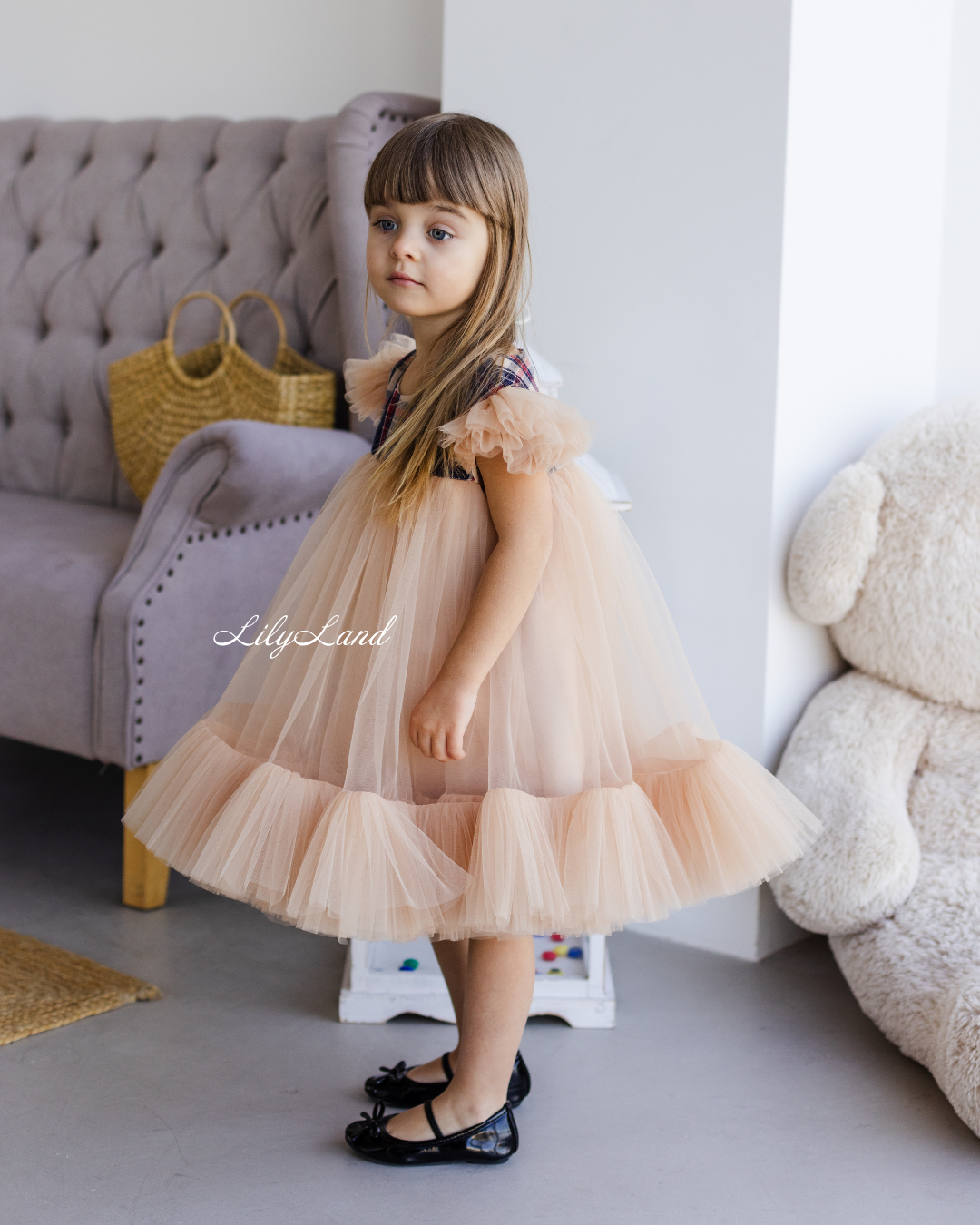 Belle New Year Christmas Tartan Girl Dress in Dark Beige
