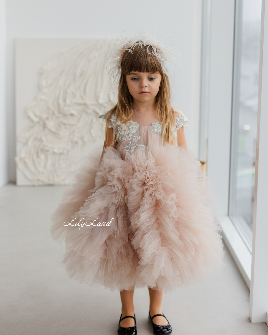 Lel Girl Ruffles Dress in Cappuccino with Flower Lace
