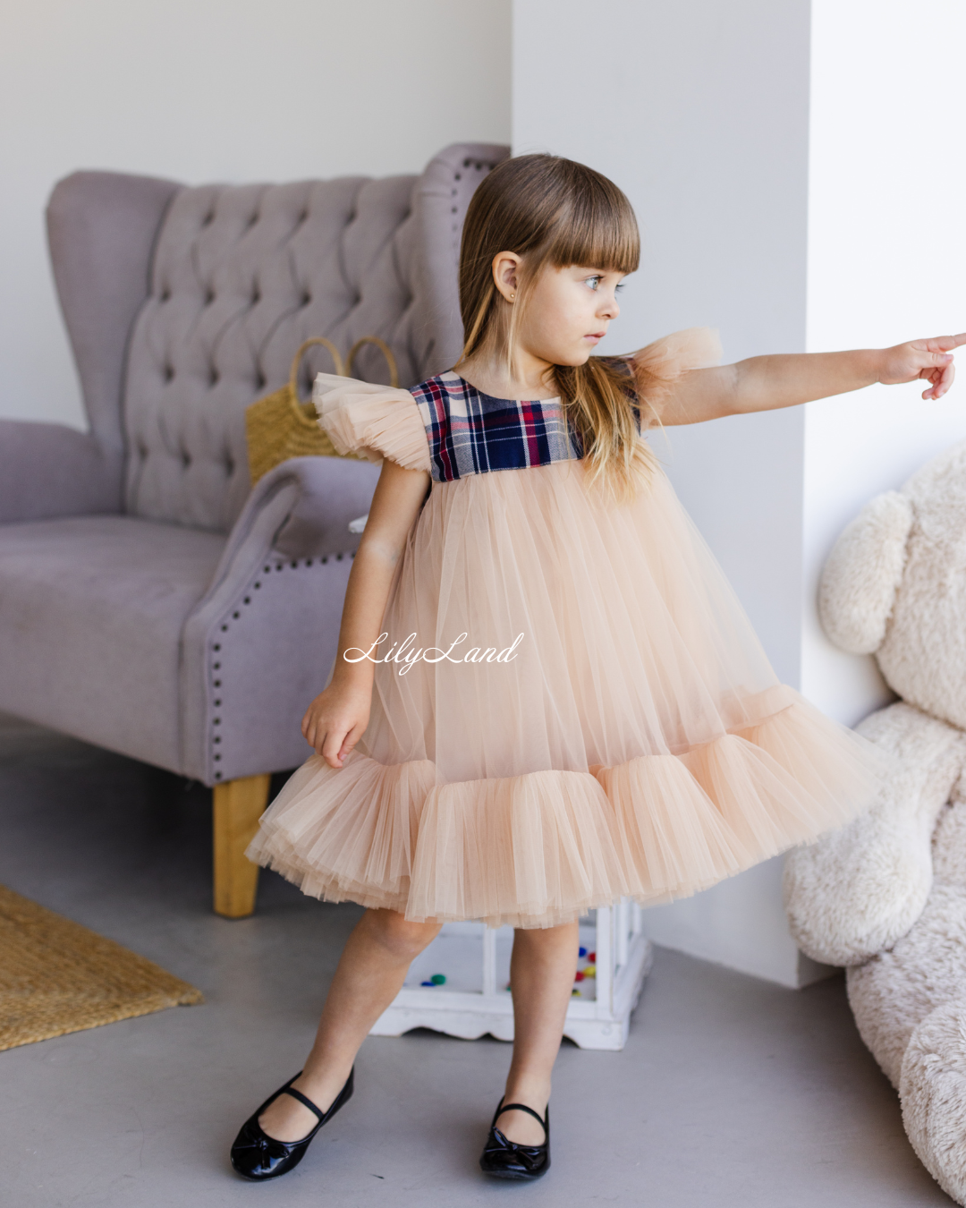 Belle New Year Christmas Tartan Girl Dress in Dark Beige