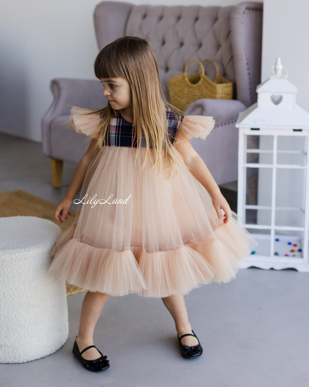 Belle New Year Christmas Tartan Girl Dress in Dark Beige