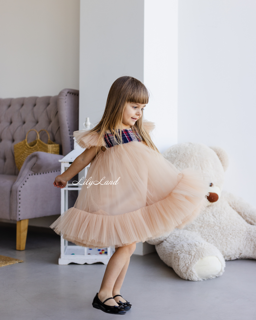 Belle New Year Christmas Tartan Girl Dress in Dark Beige