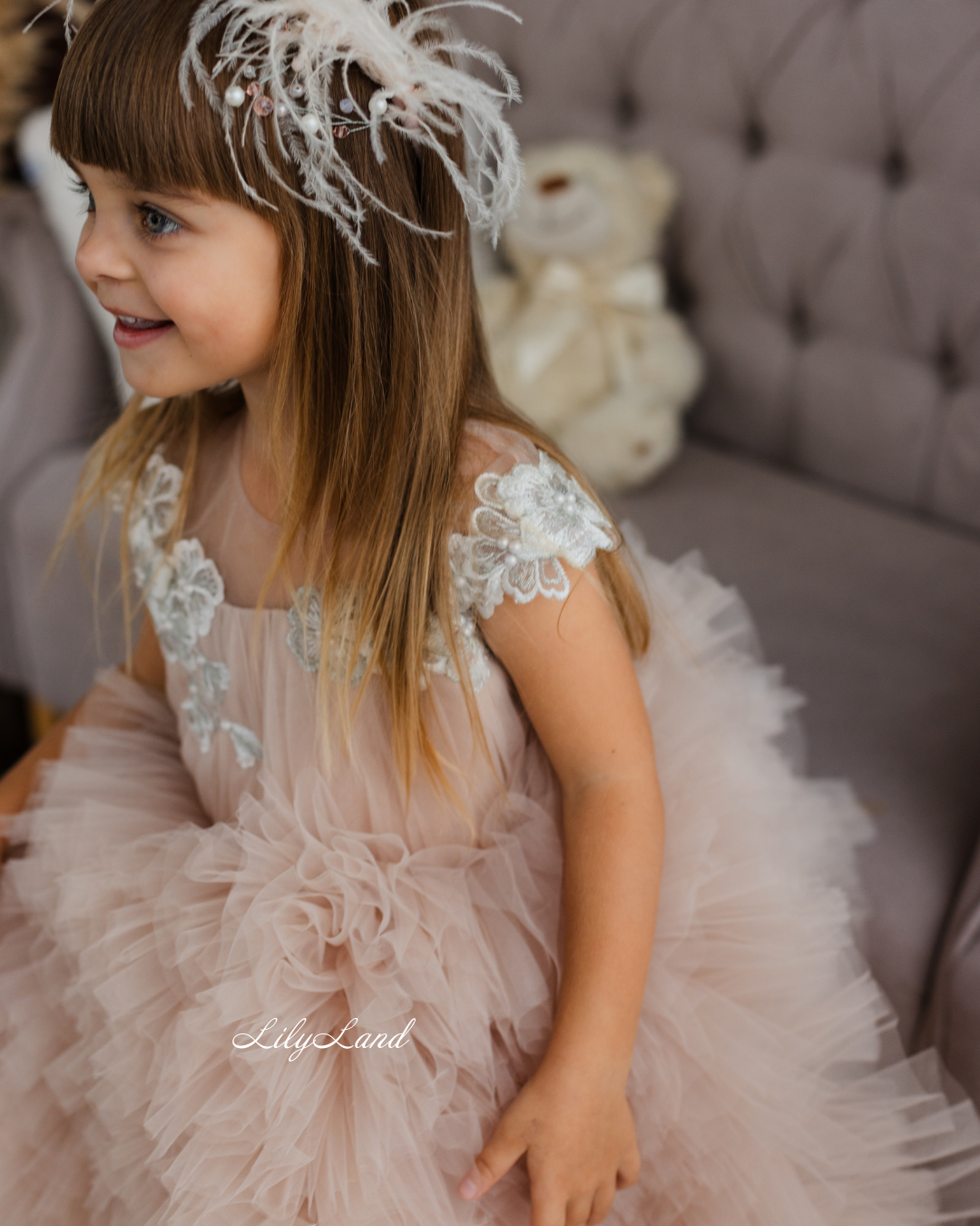 Lel Girl Ruffles Dress in Cappuccino with Flower Lace