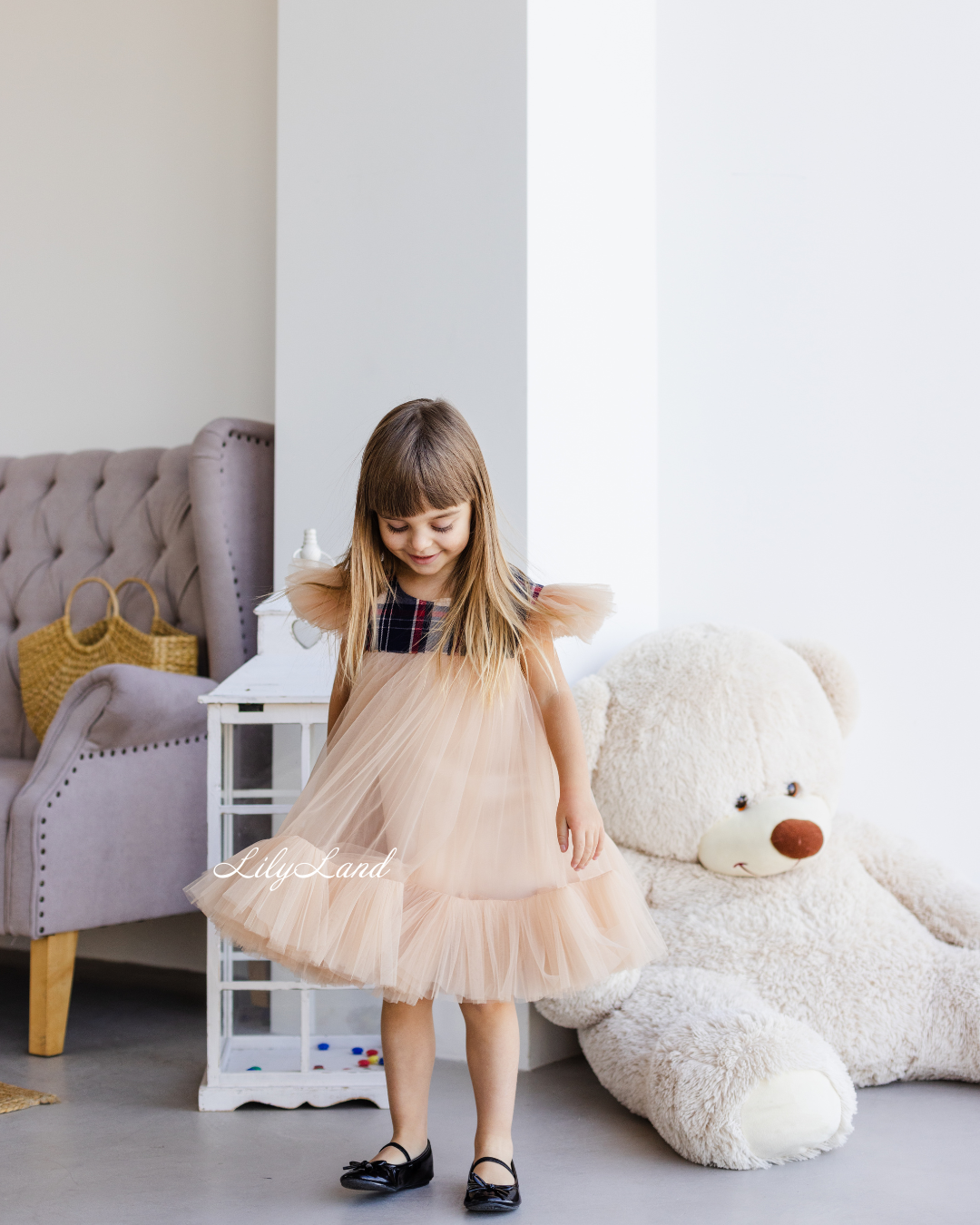 Belle New Year Christmas Tartan Girl Dress in Dark Beige