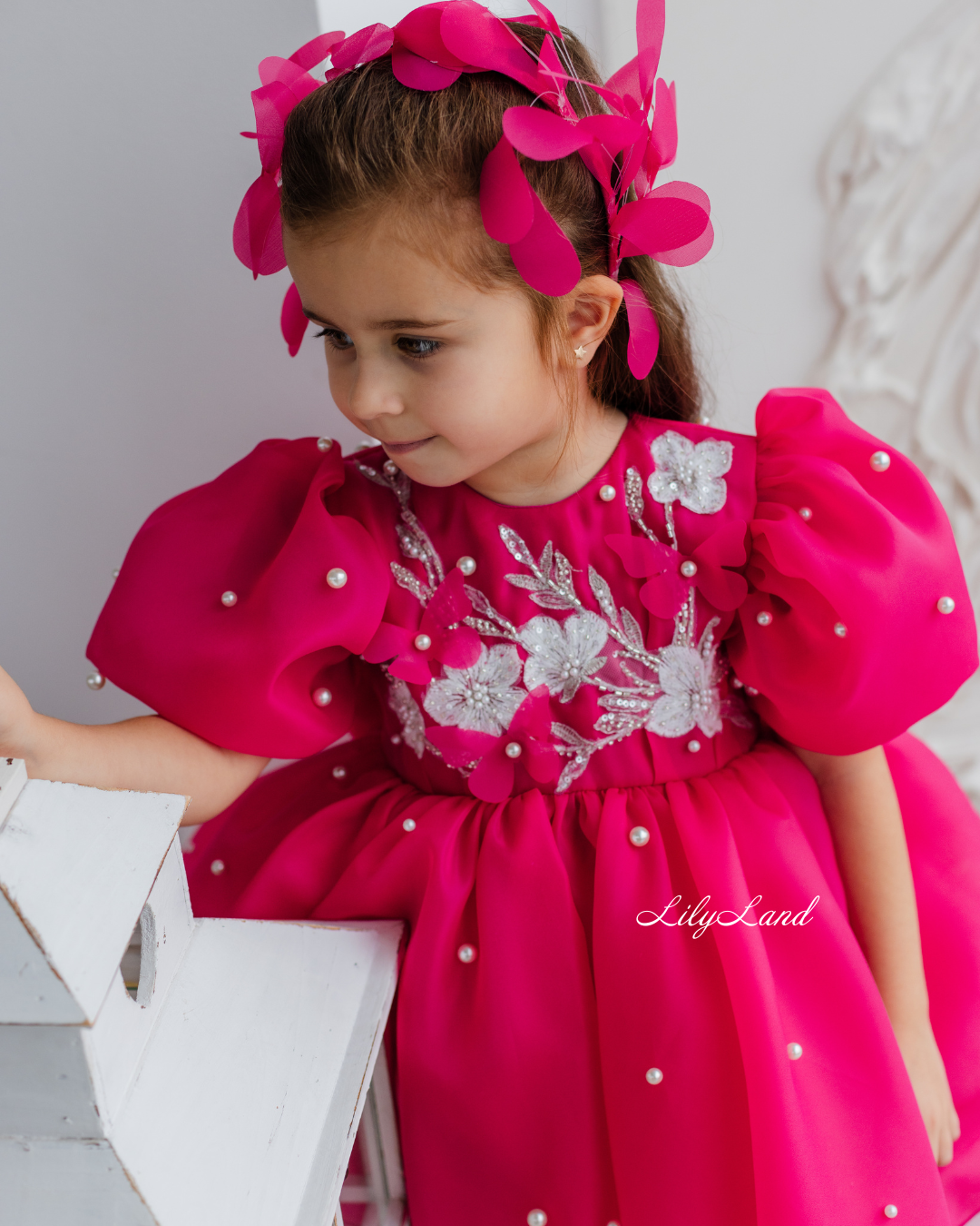 Mia Baby Girl Dress with Floral Appliqué in Raspberry