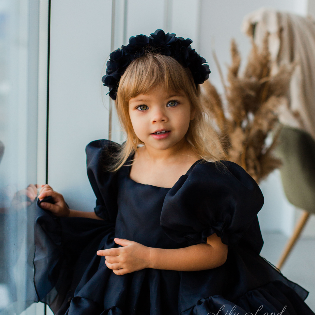 Girls Hair Accessories Headband in Black with Flowers and Beads