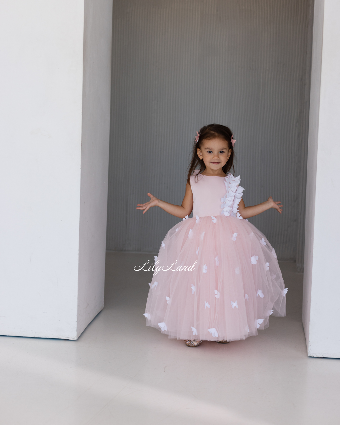 Fleur Girl Long Dress with Butterflies in Blush Pink