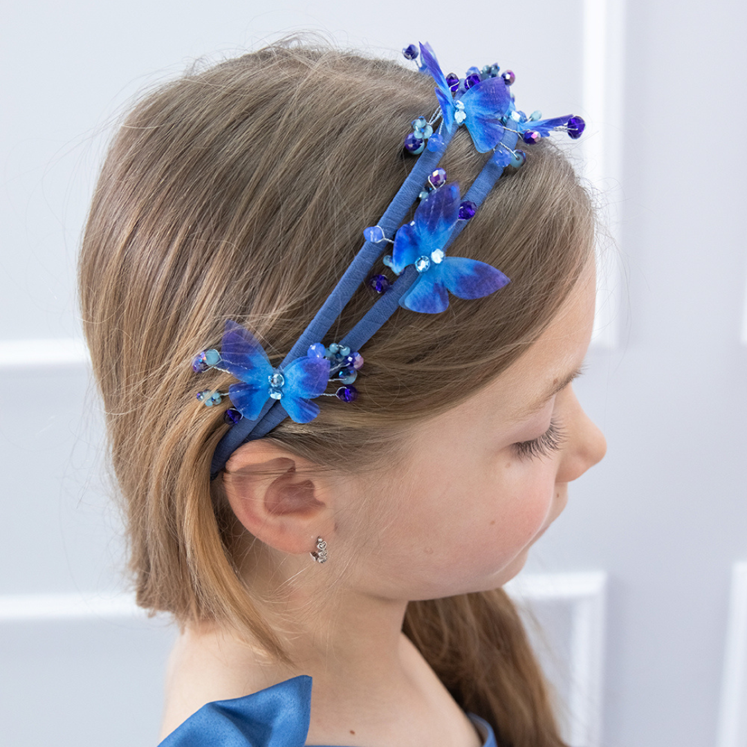 Girl Headband with Butterflies and Beads in Green