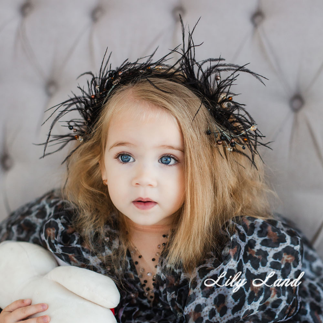 Girl Hair Hoop With Black Ostrich Feather and Beads
