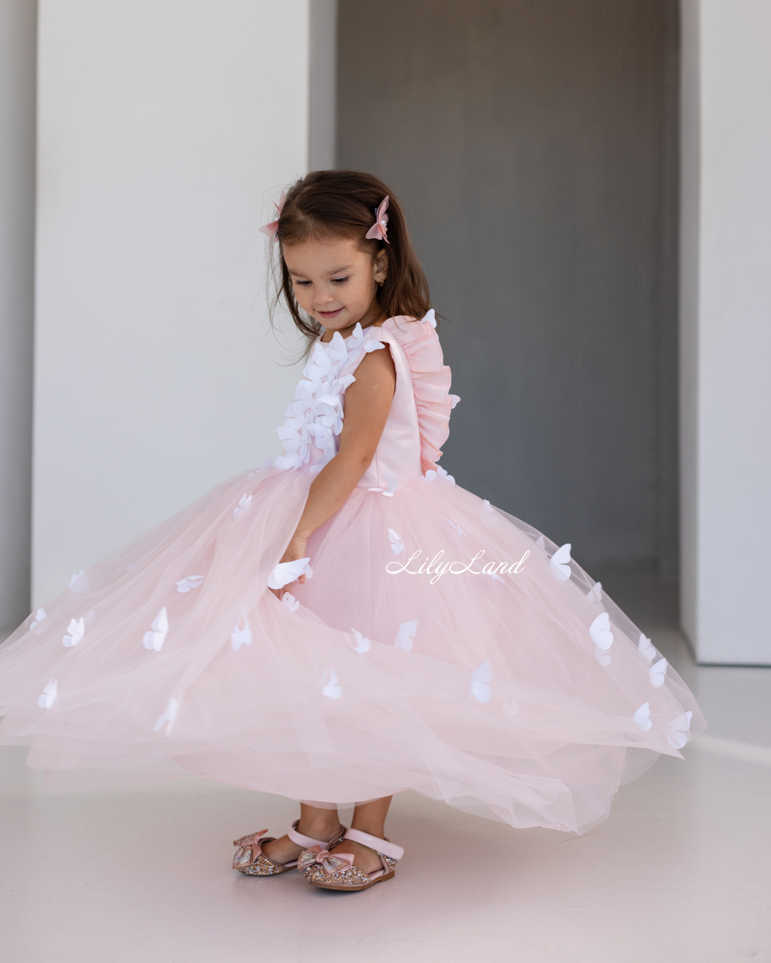 Fleur Girl Long Dress with Butterflies in Blush Pink