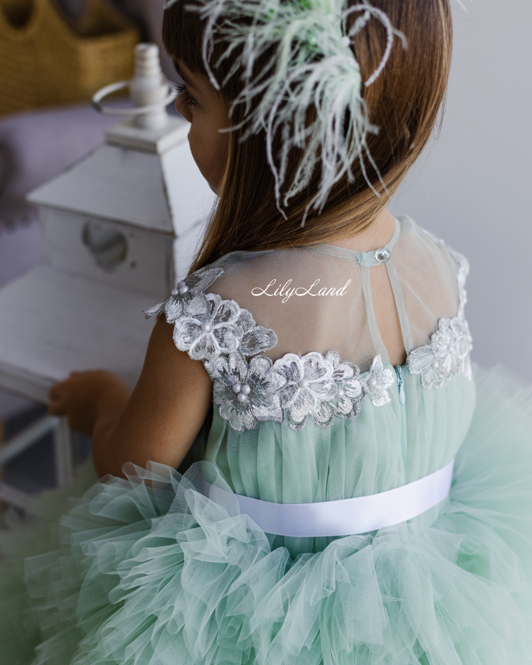 Lel Girl Ruffles Dress in Sage Green with Flower Lace