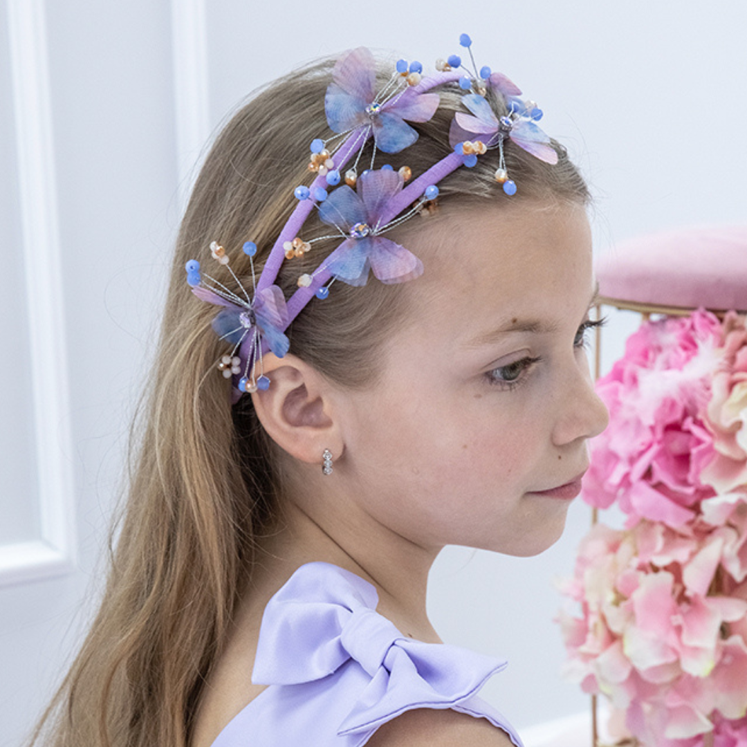 Girl Headband with Butterflies and Beads in Blue