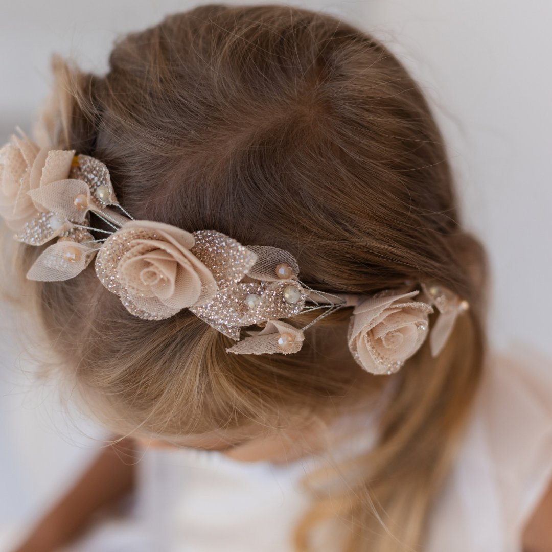 Girl Hair Accessories with Roses and Glitter Leaves in Yellow