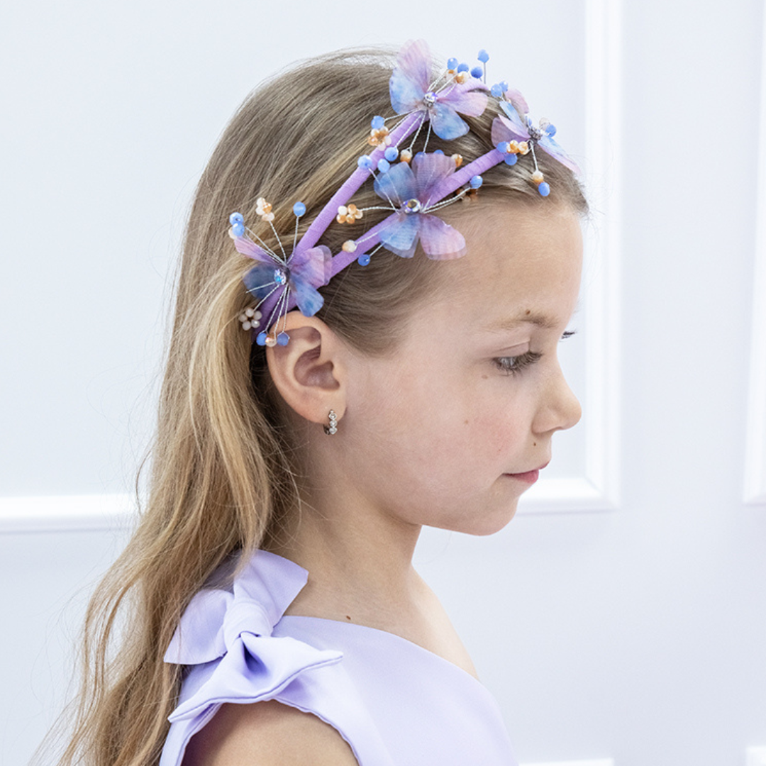 Girl Headband with Butterflies and Beads in Lavender