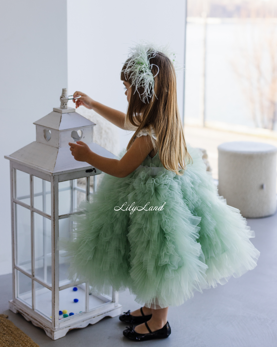 Lel Girl Ruffles Dress in Sage Green with Flower Lace
