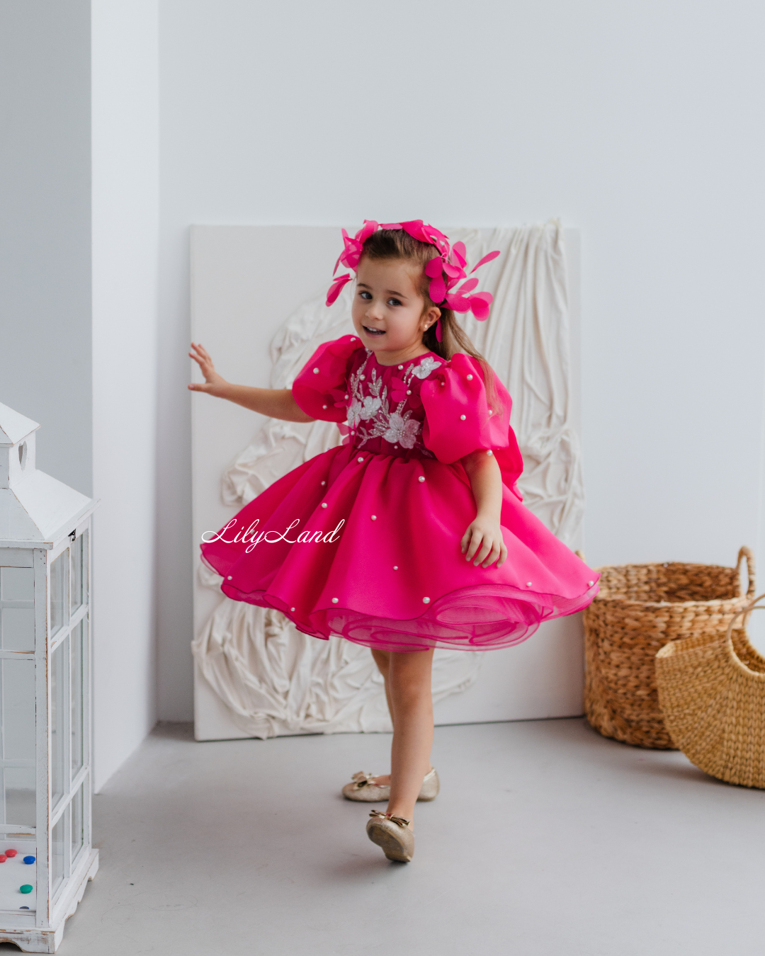 Mia Baby Girl Dress with Floral Appliqué in Raspberry