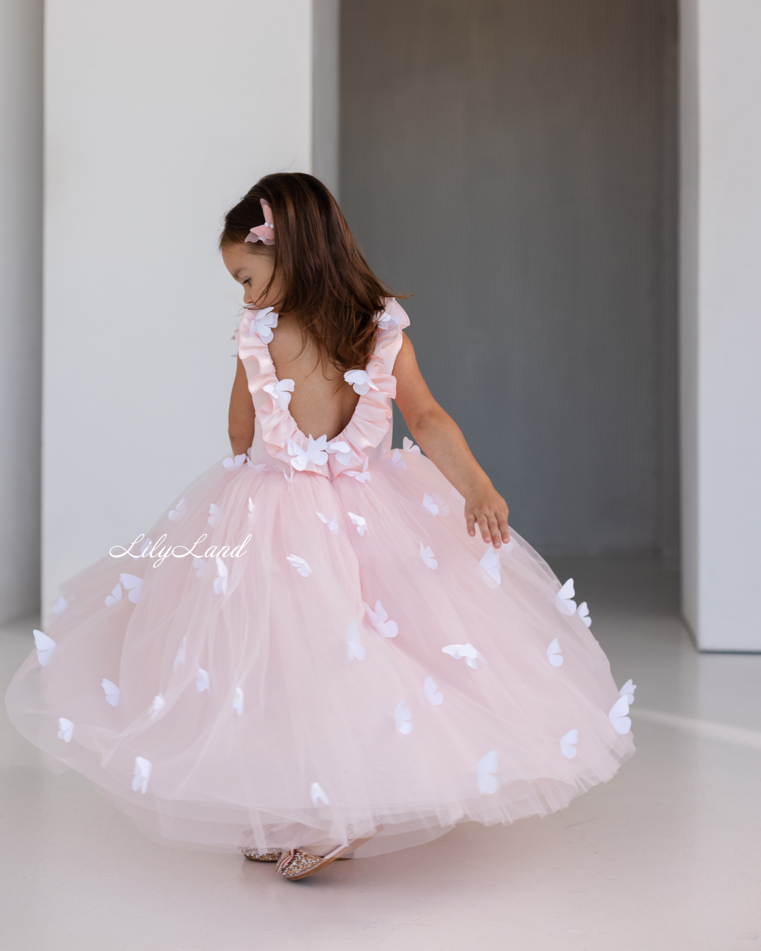 Fleur Girl Long Dress with Butterflies in Blush Pink