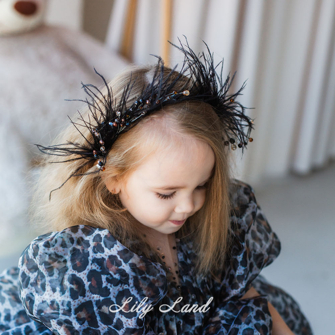Girl Hair Hoop With Black Ostrich Feather and Beads