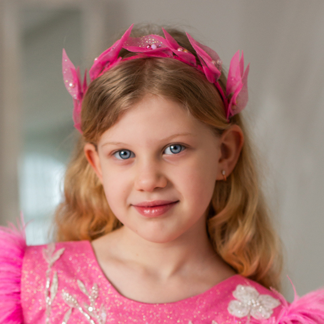 Girl Headpiece in Pink with Beads and Glitter Leaves