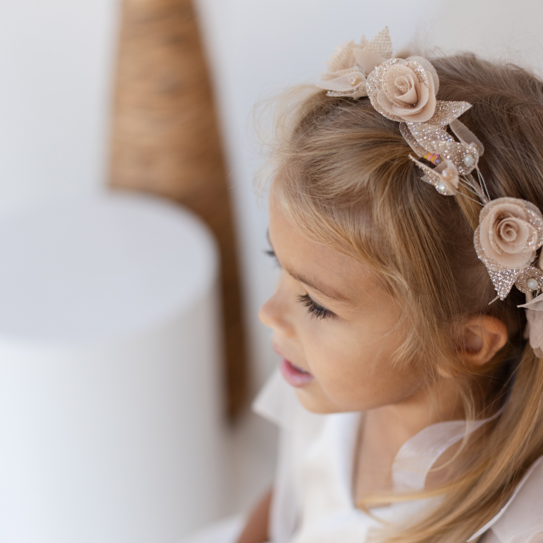 Girl Hair Accessories with Roses and Glitter Leaves in Yellow