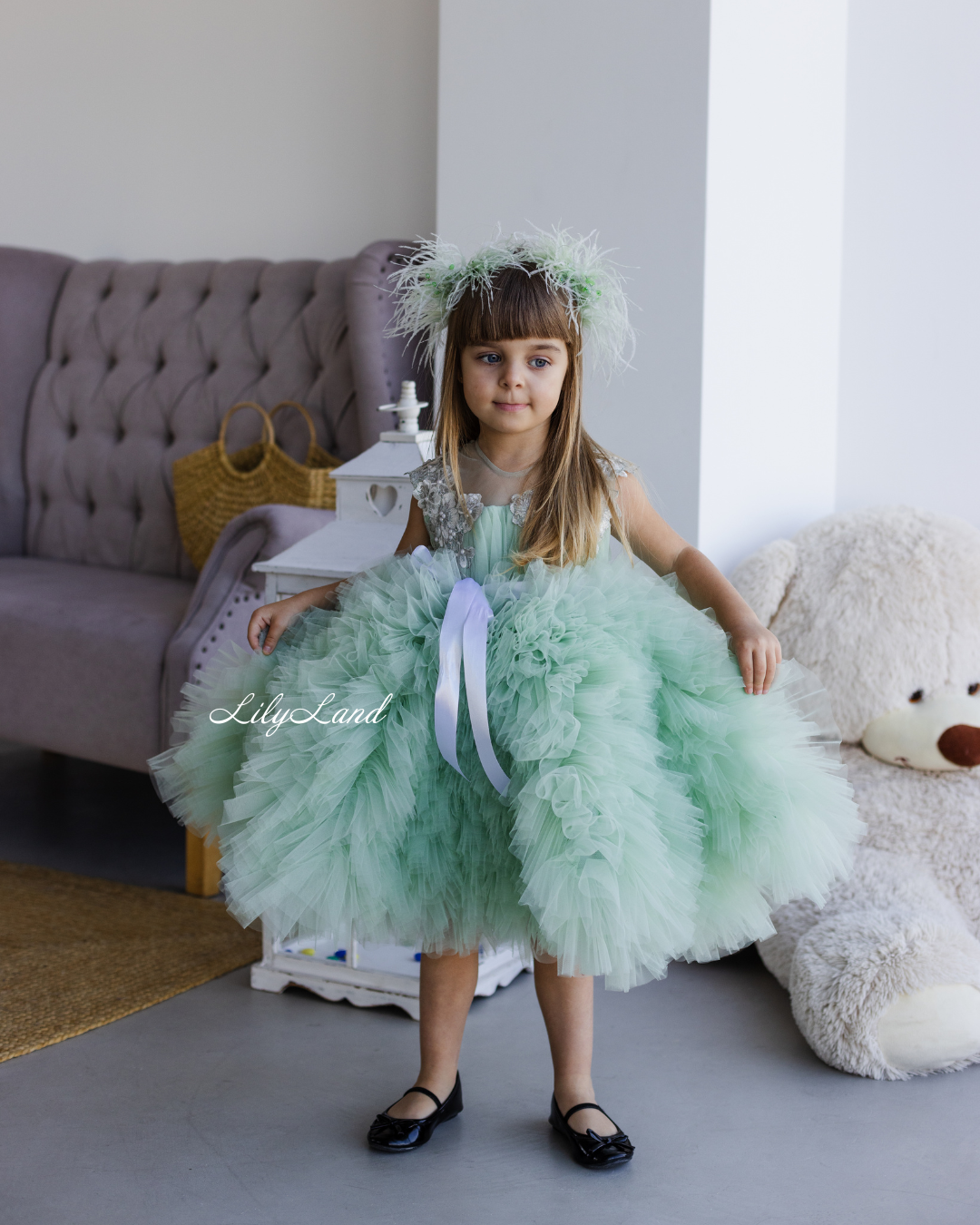 Lel Girl Ruffles Dress in Sage Green with Flower Lace