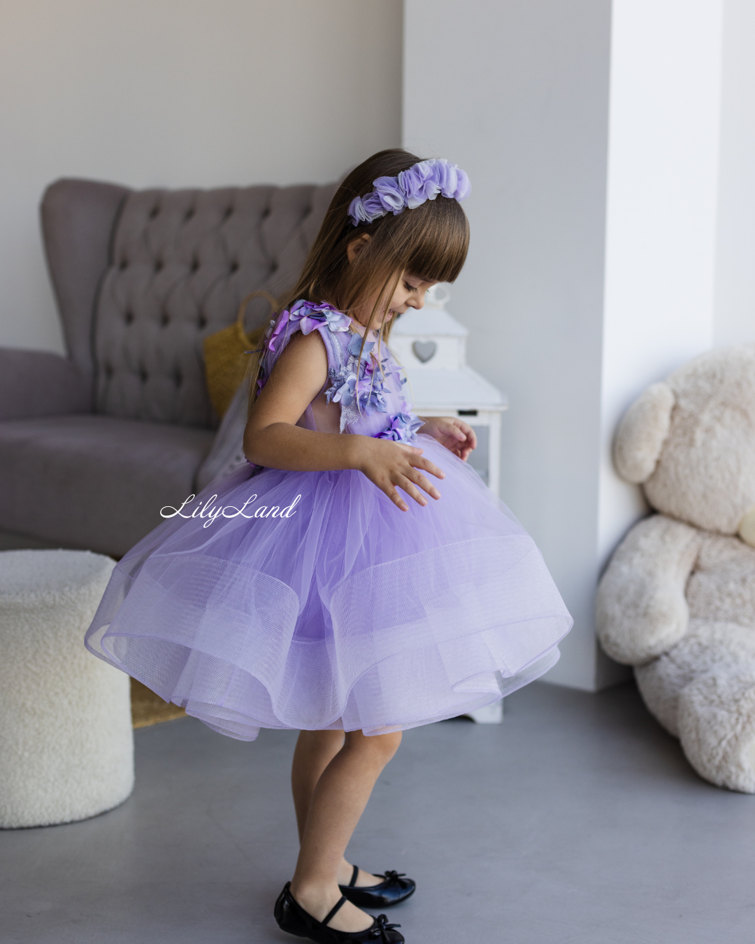Hawaii Girls Dress with Purple Flower Lace in Lavender